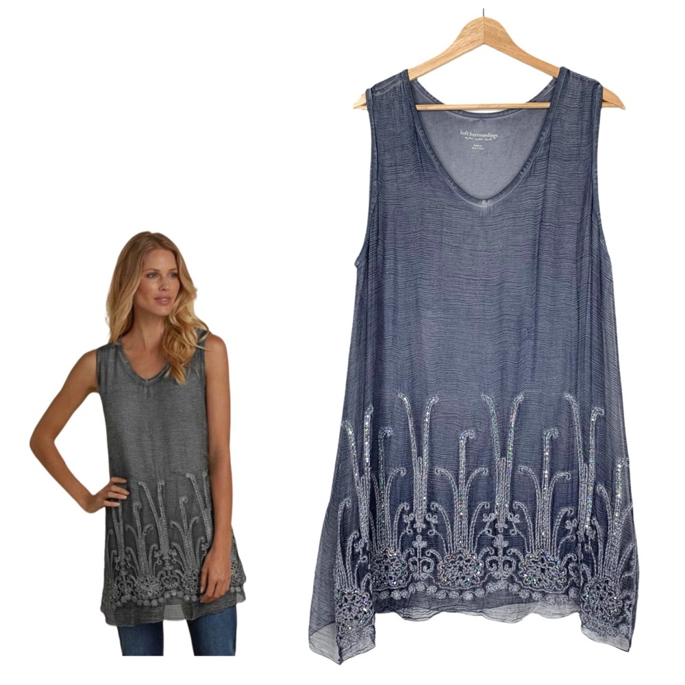 Soft Surroundings Navy Blue Embroidered Sleeveless Tunic